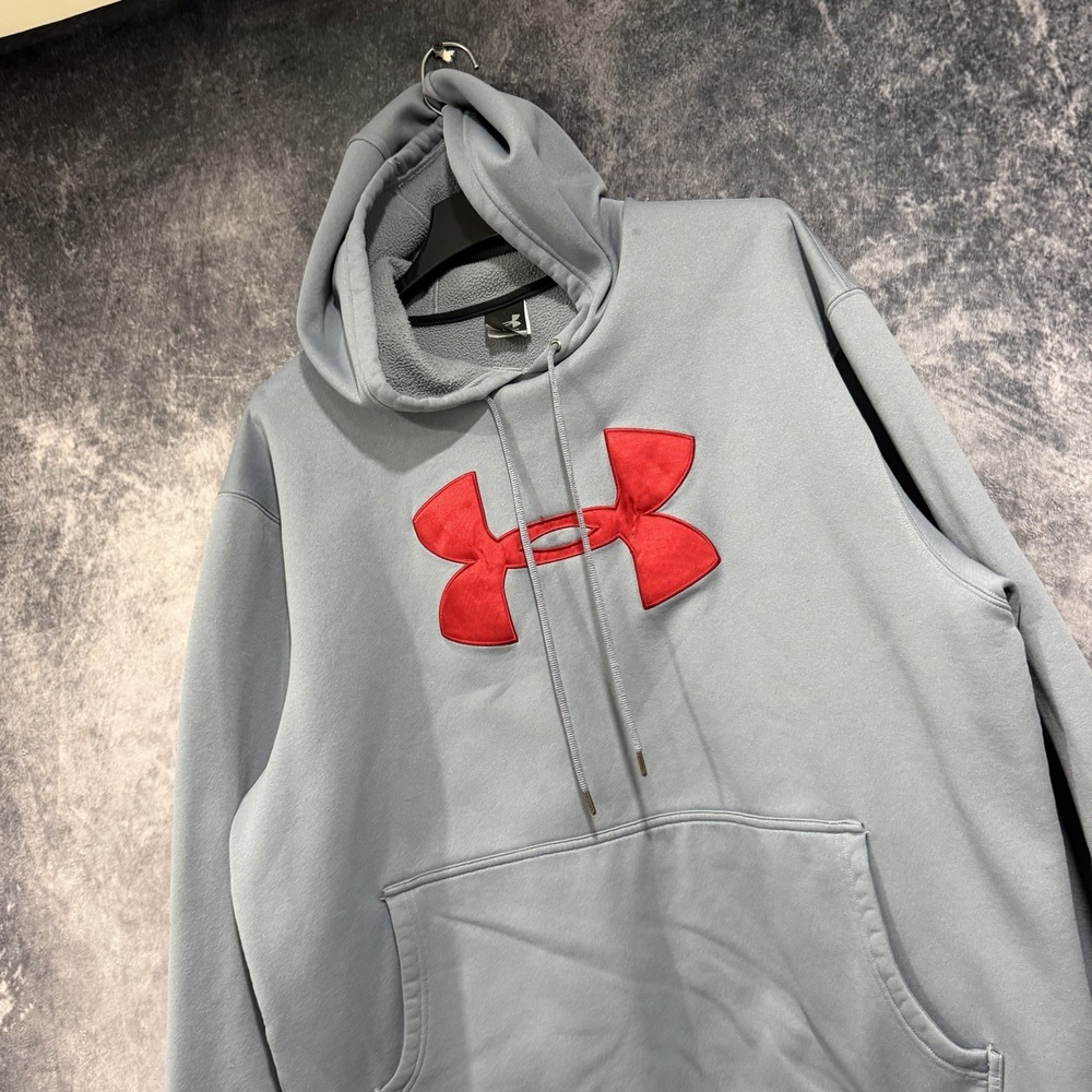 Under Armour Mens XL Gray Red Big Logo Fleece Pullover Hoodie Sweatshirt